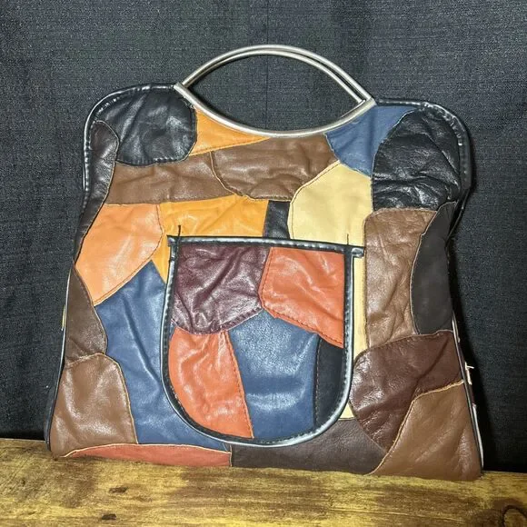 Patchwork Leather Purse Vintage Handmade Hong Kong Silver Tone Eye Arch Handle - Picture 2 of 14